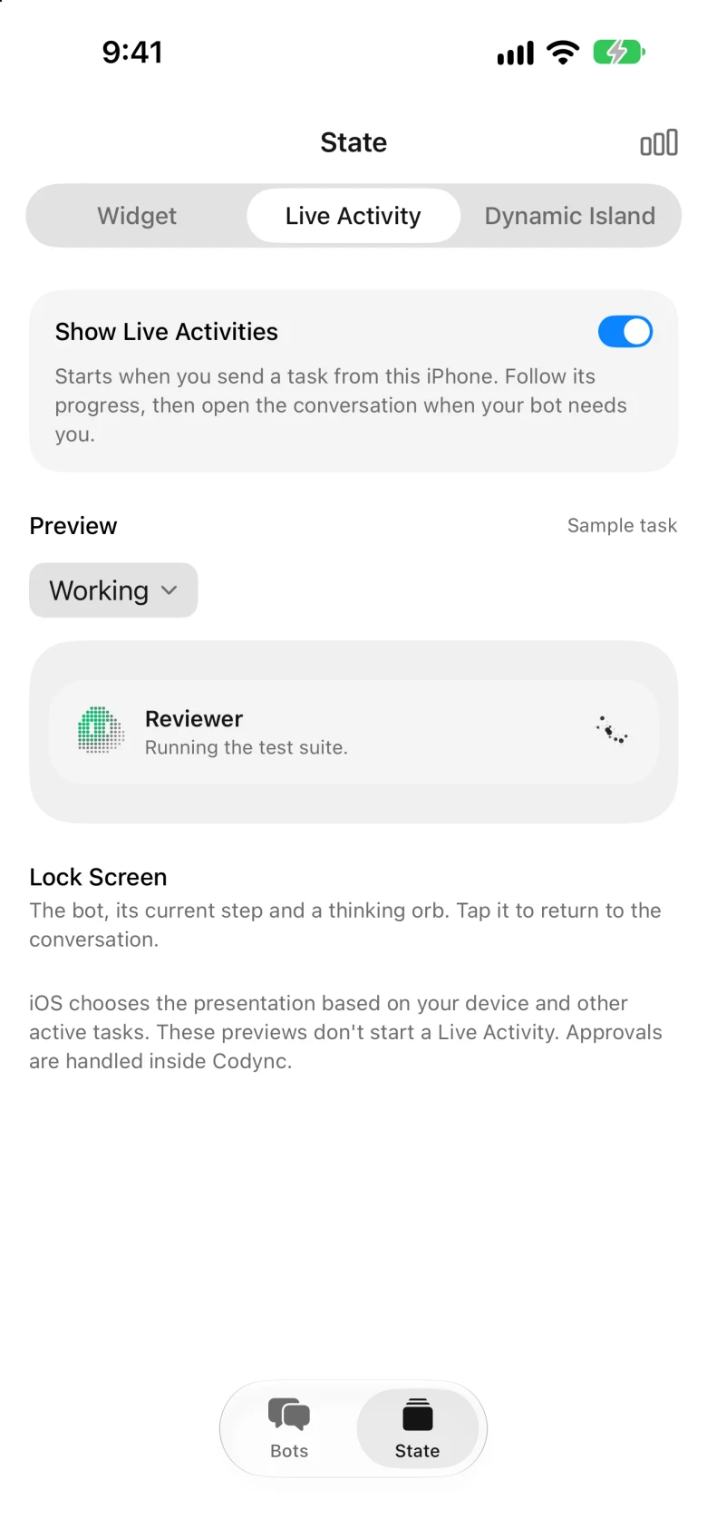 The Live Activity preview: Reviewer is running the test suite, with a thinking orb