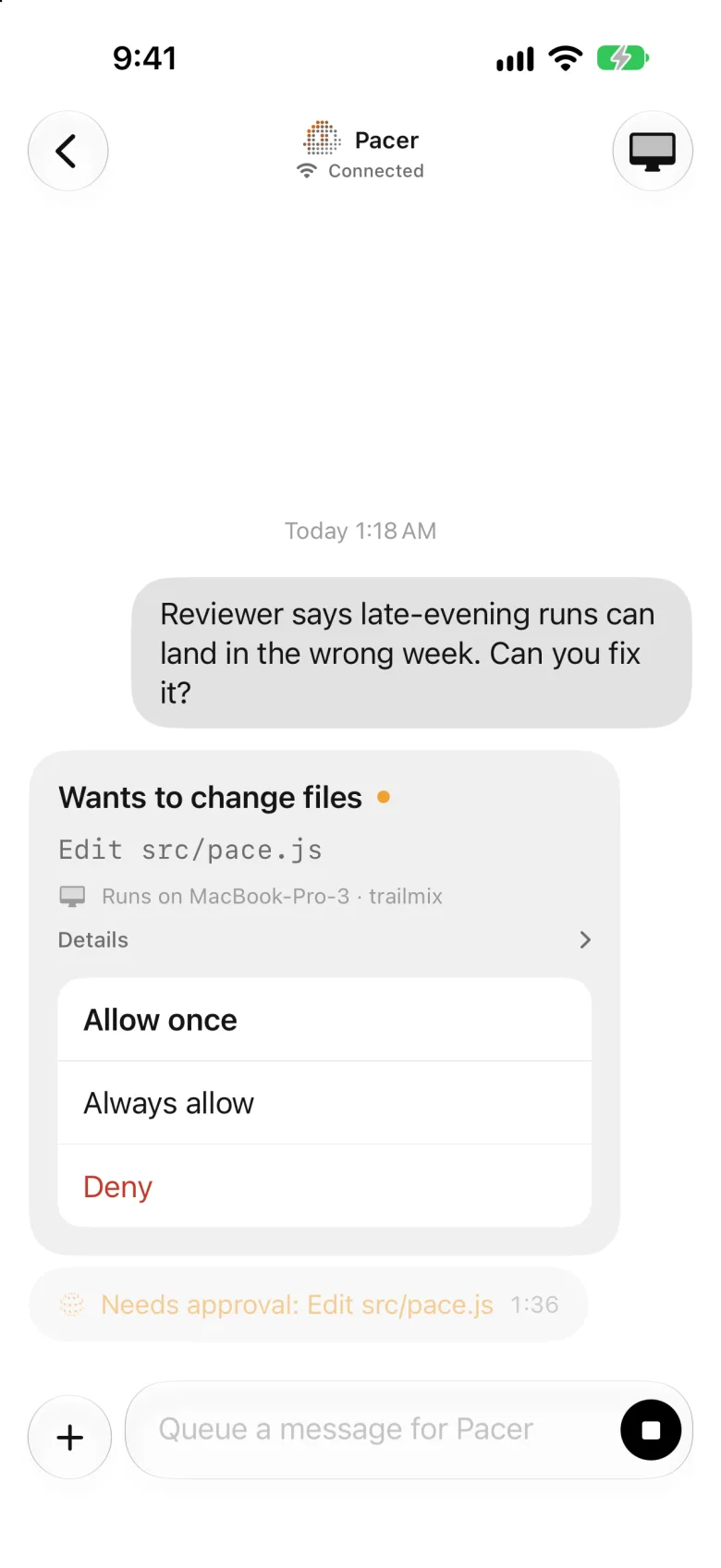 An approval card on the iPhone: a bot asks to edit src/pace.js, with Allow once, Always allow and Deny