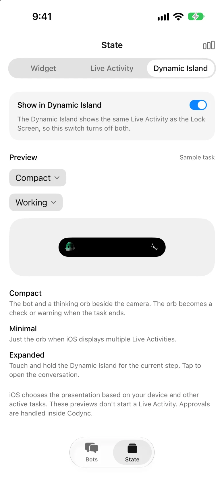 The Dynamic Island preview: the bot's avatar and a thinking orb beside the camera