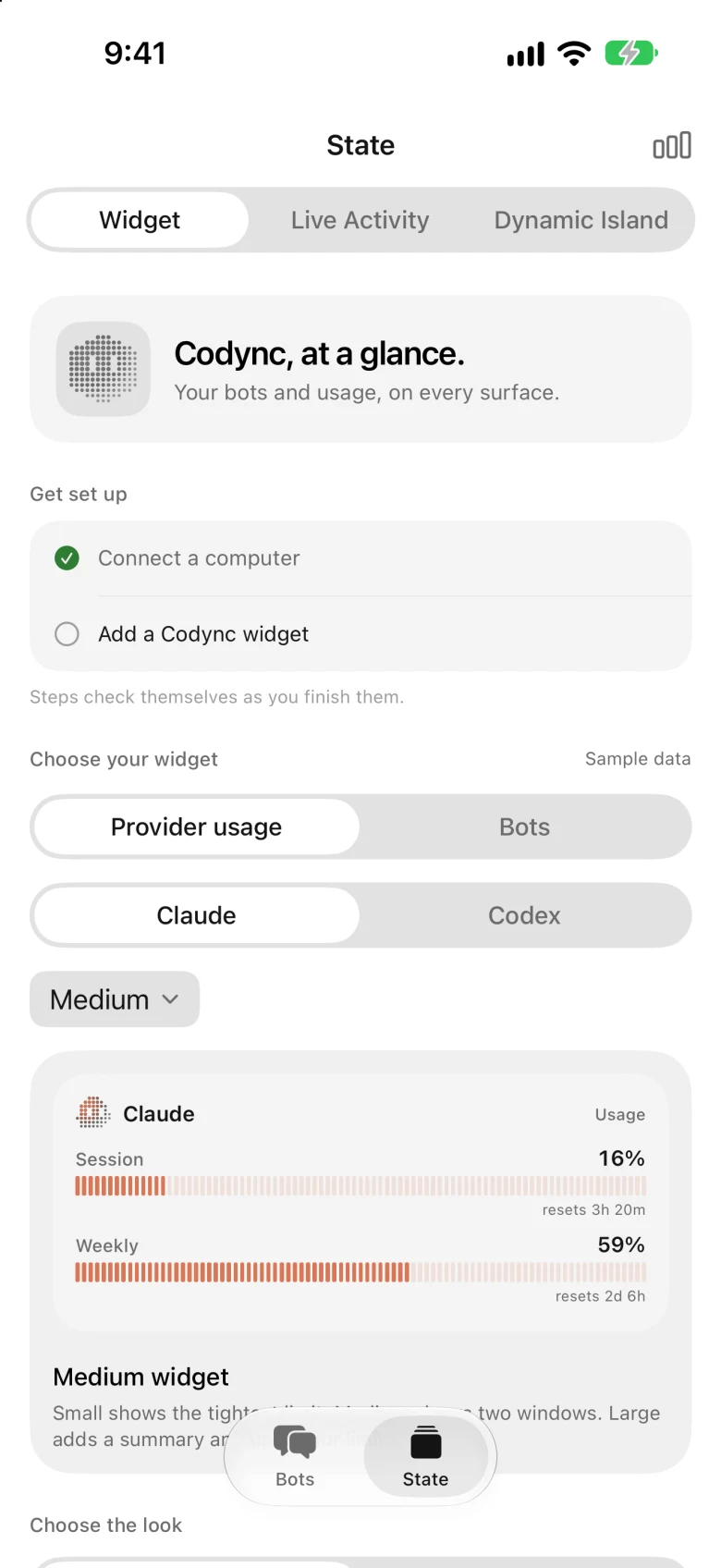 The Widget gallery: a medium Home Screen widget with Claude session and weekly usage bars